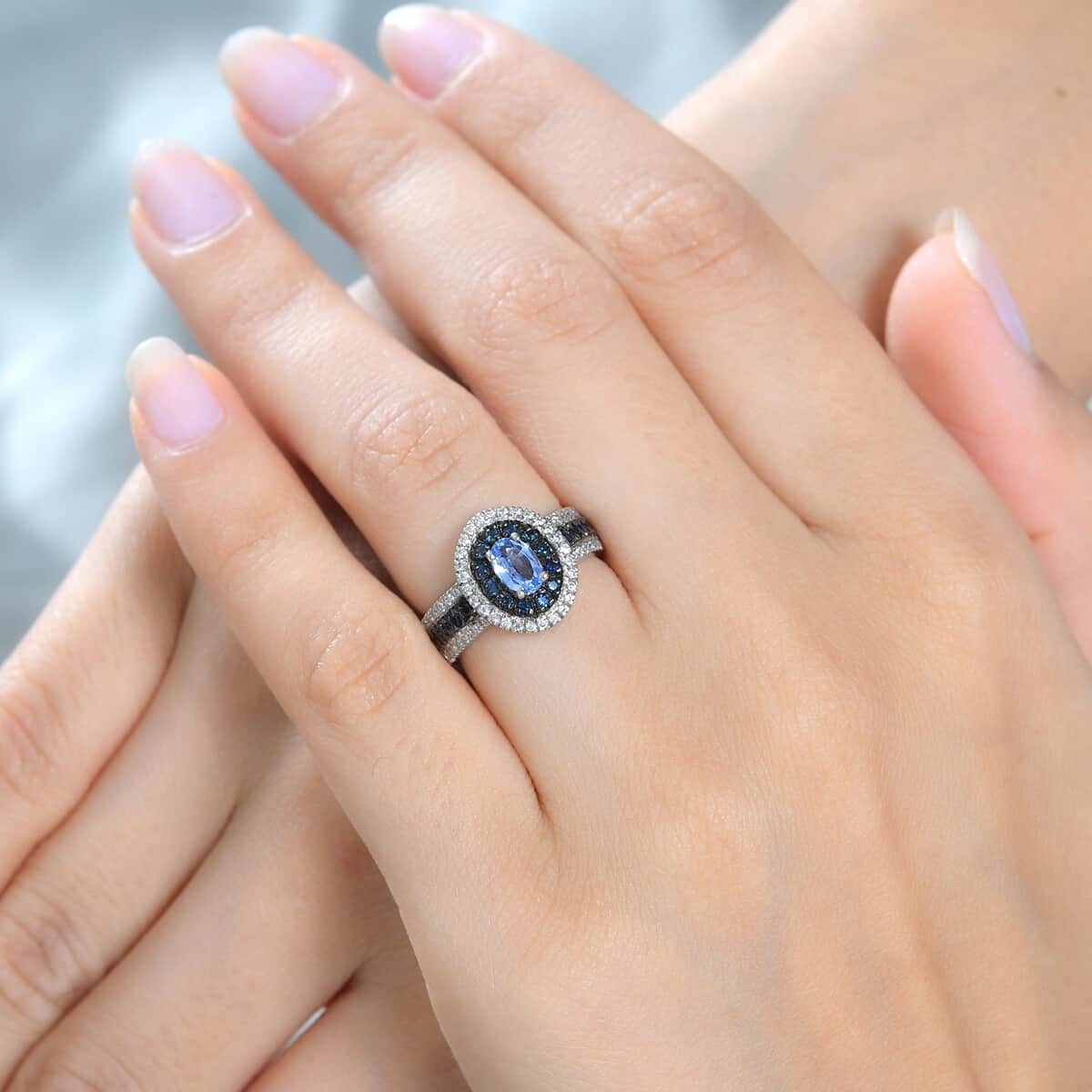 Ceylon Blue Sapphire and Moissanite Double Halo Ring in Platinum Over Sterling Silver (Size 5.0) 1.50 ctw image number 2
