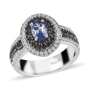 Ceylon Blue Sapphire and Moissanite Double Halo Ring in Platinum Over Sterling Silver (Size 6.0) 1.50 ctw