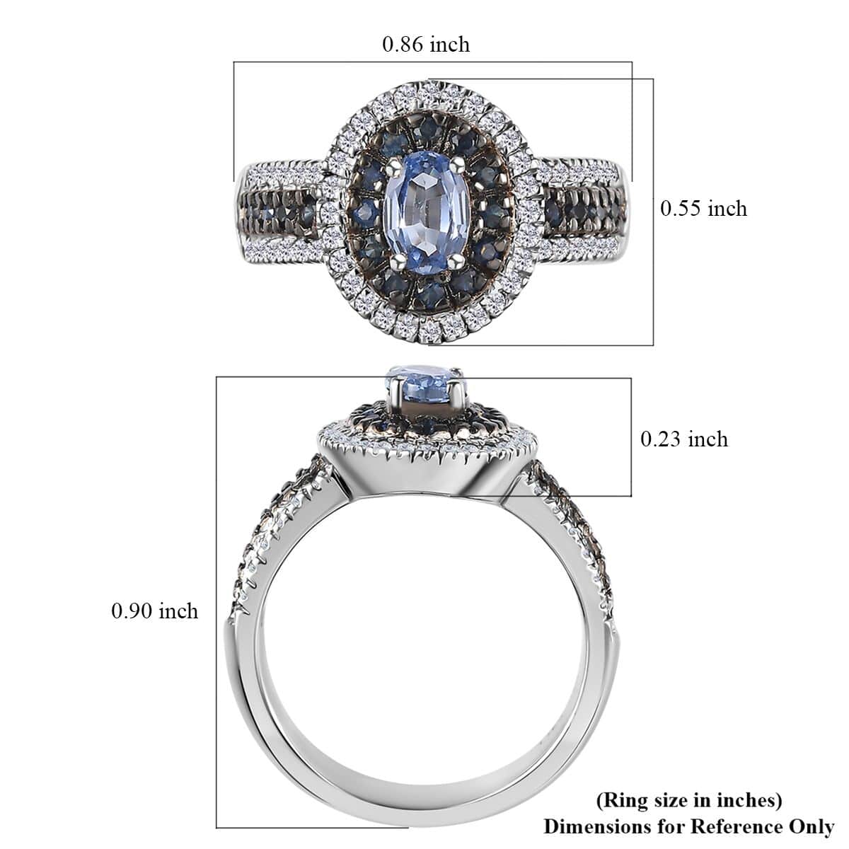 Ceylon Blue Sapphire and Moissanite Double Halo Ring in Platinum Over Sterling Silver (Size 9.0) 1.50 ctw image number 5