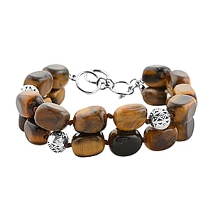Yellow Tiger's Eye 2 Row Beaded Bracelet in Silvertone (7.0-9.0In) 165.00 ctw