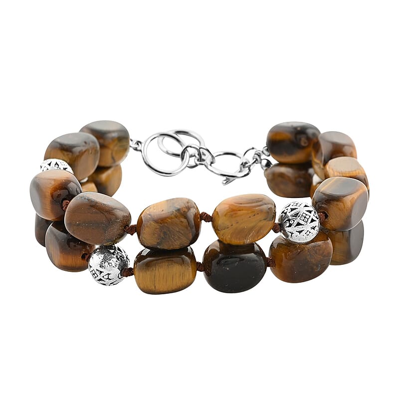 Yellow Tiger's Eye 2 Row Beaded Bracelet in Silvertone (7.0-9.0In) 165.00 ctw