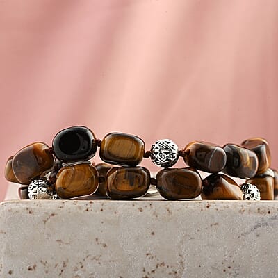 Yellow Tiger's Eye 2 Row Beaded Bracelet in Silvertone (7.0-9.0In) 165.00 ctw
