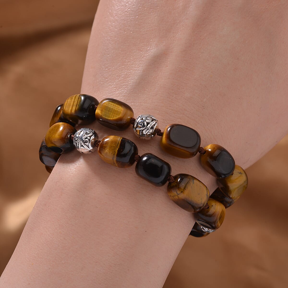 Yellow Tiger's Eye 2 Row Beaded Bracelet in Silvertone (7.0-9.0In) 165.00 ctw image number 2