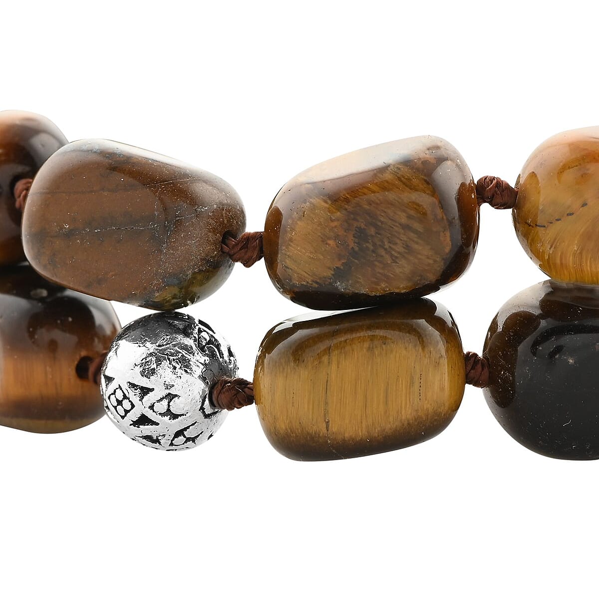 Yellow Tiger's Eye 2 Row Beaded Bracelet in Silvertone (7.0-9.0In) 165.00 ctw image number 3