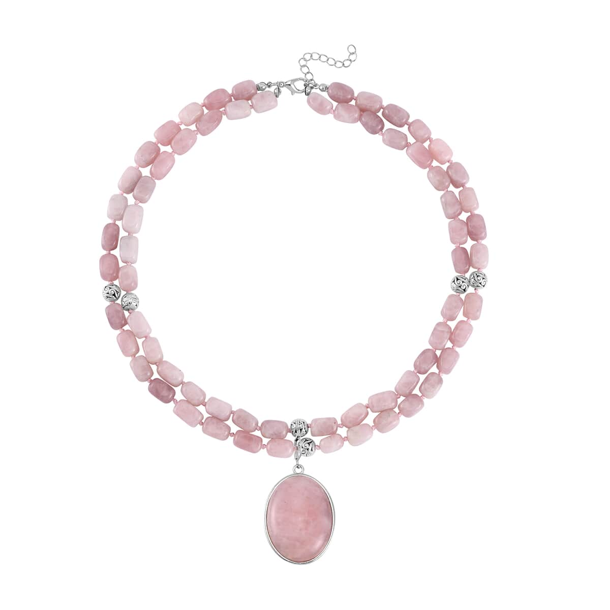 Galilea Rose Quartz Two Row Beaded Necklace 20 Inches with Matching Pendant in Silvertone 680.00 ctw image number 0