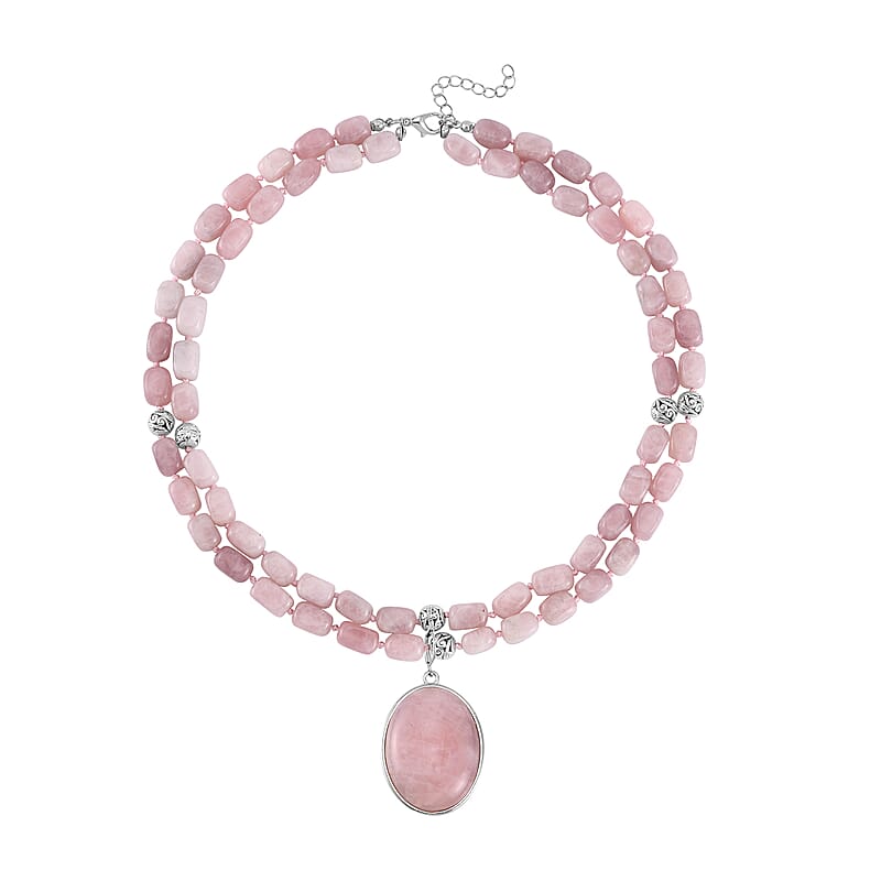 Galilea Rose Quartz Two Row Beaded Necklace 20 Inches with Matching Pendant in Silvertone 680.00 ctw