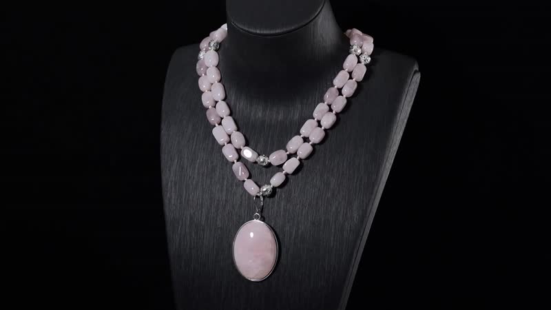 Galilea Rose Quartz Two Row Beaded Necklace 20 Inches with Matching Pendant in Silvertone 680.00 ctw