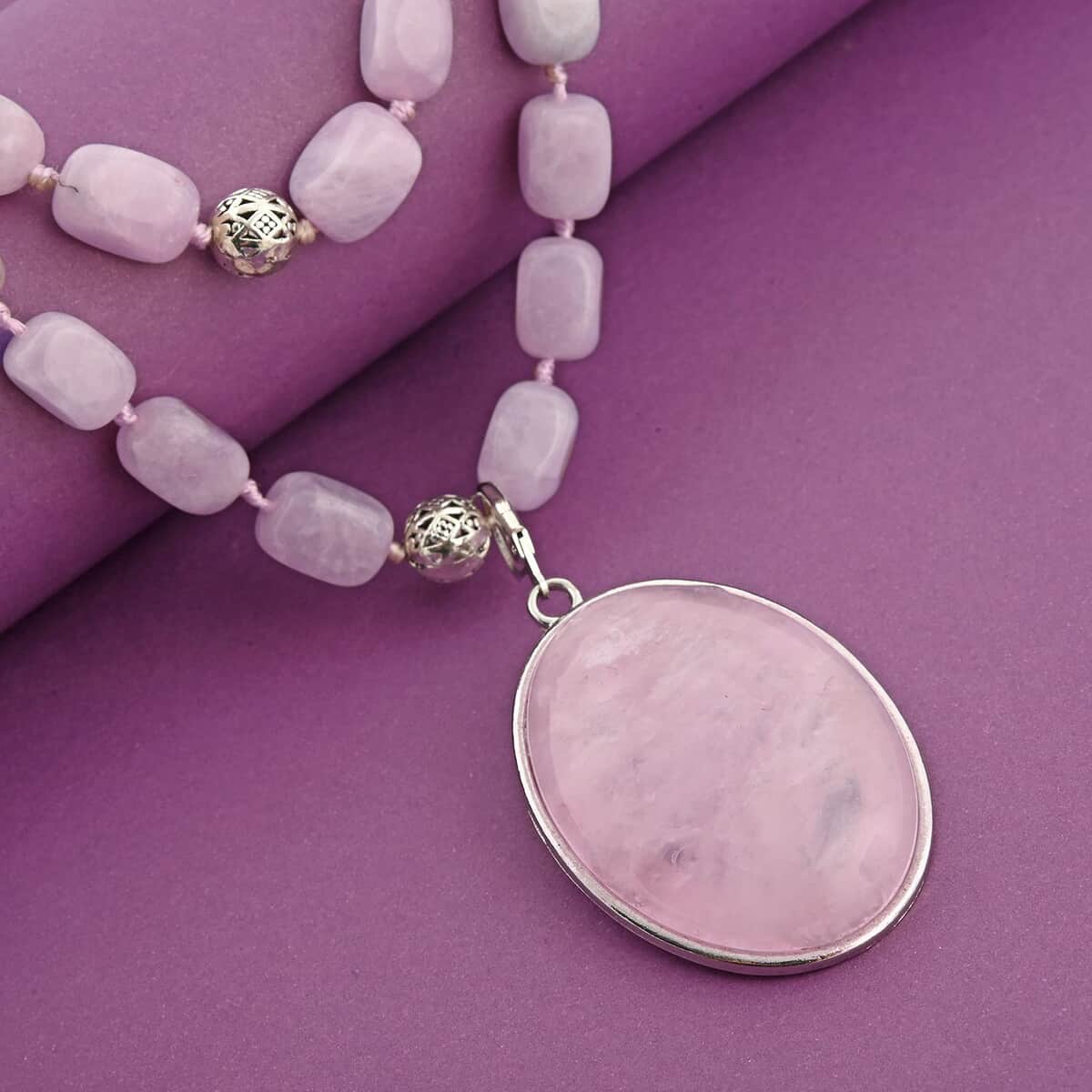 Galilea Rose Quartz Two Row Beaded Necklace 20 Inches with Matching Pendant in Silvertone 680.00 ctw image number 1