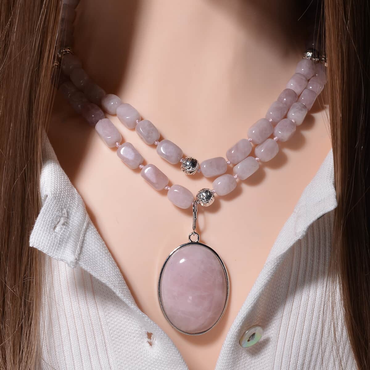 Galilea Rose Quartz Two Row Beaded Necklace 20 Inches with Matching Pendant in Silvertone 680.00 ctw image number 2