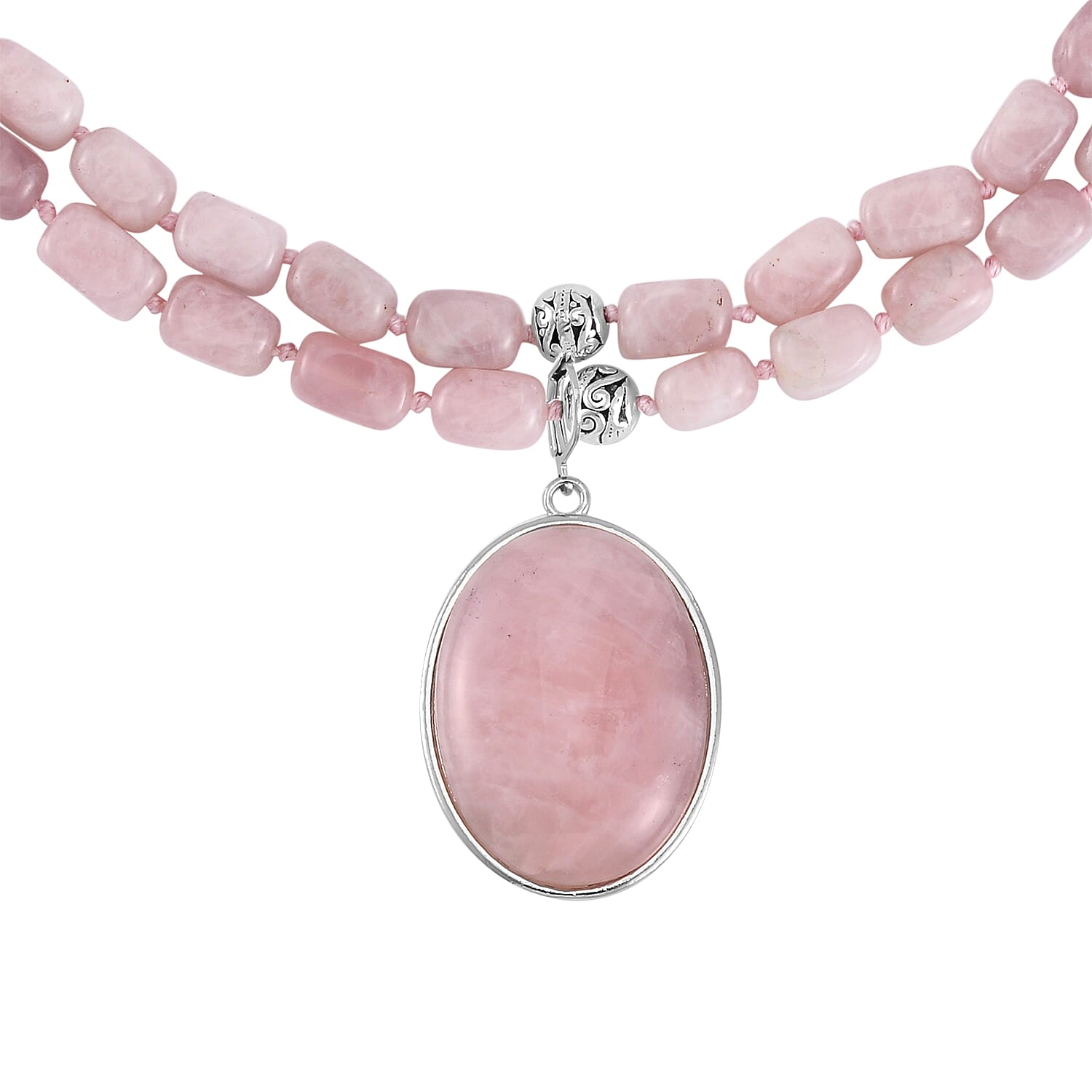 Galilea Rose Quartz Two Row Beaded Necklace 20 Inches with Matching Pendant in Silvertone 680.00 ctw