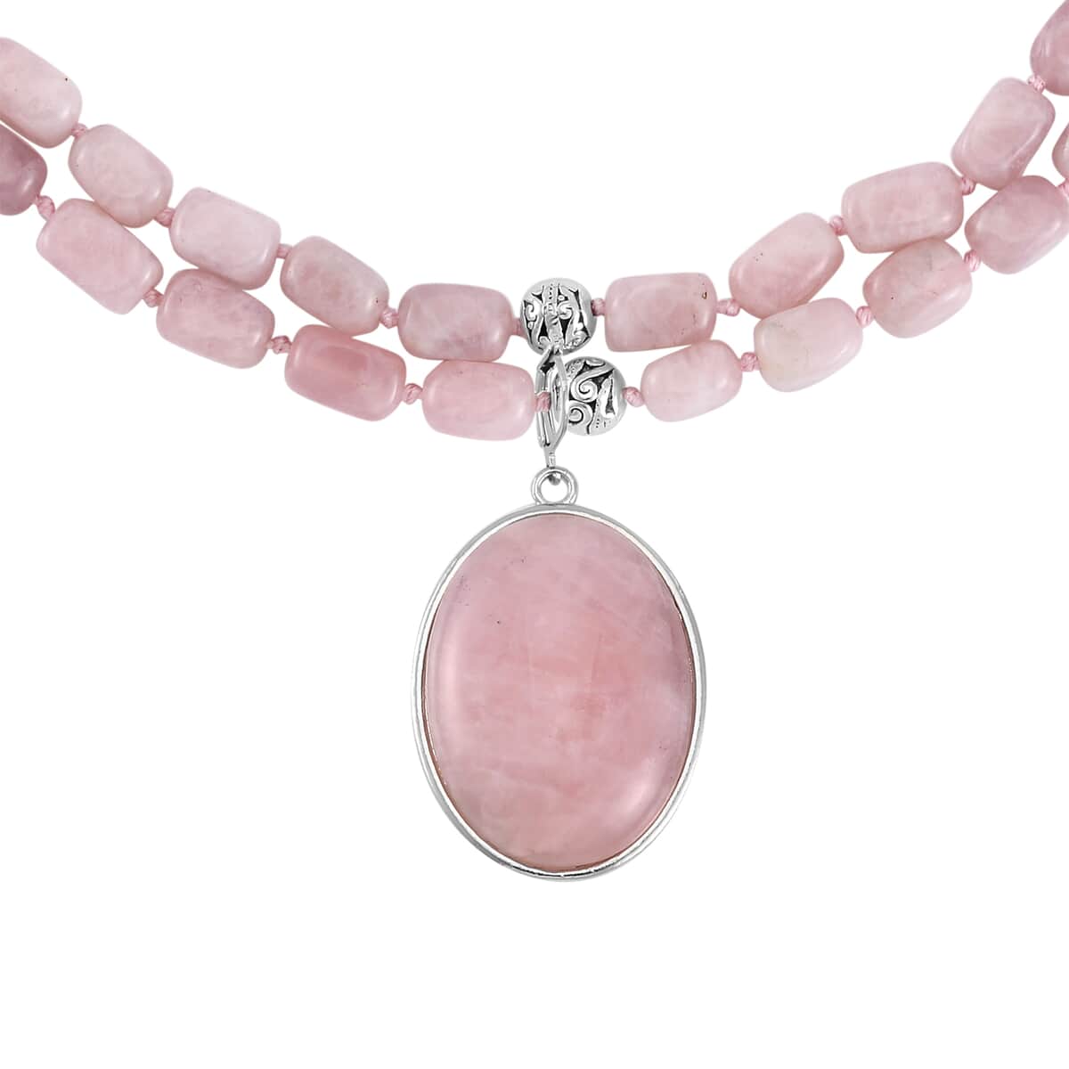 Galilea Rose Quartz Two Row Beaded Necklace 20 Inches with Matching Pendant in Silvertone 680.00 ctw image number 3