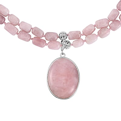 Galilea Rose Quartz Two Row Beaded Necklace 20 Inches with Matching Pendant in Silvertone 680.00 ctw