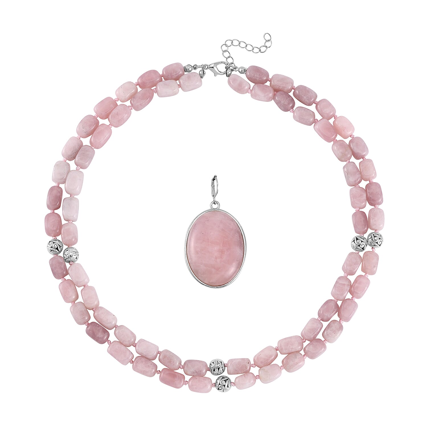 Galilea Rose Quartz Two Row Beaded Necklace 20 Inches with Matching Pendant in Silvertone 680.00 ctw