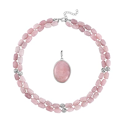 Galilea Rose Quartz Two Row Beaded Necklace 20 Inches with Matching Pendant in Silvertone 680.00 ctw