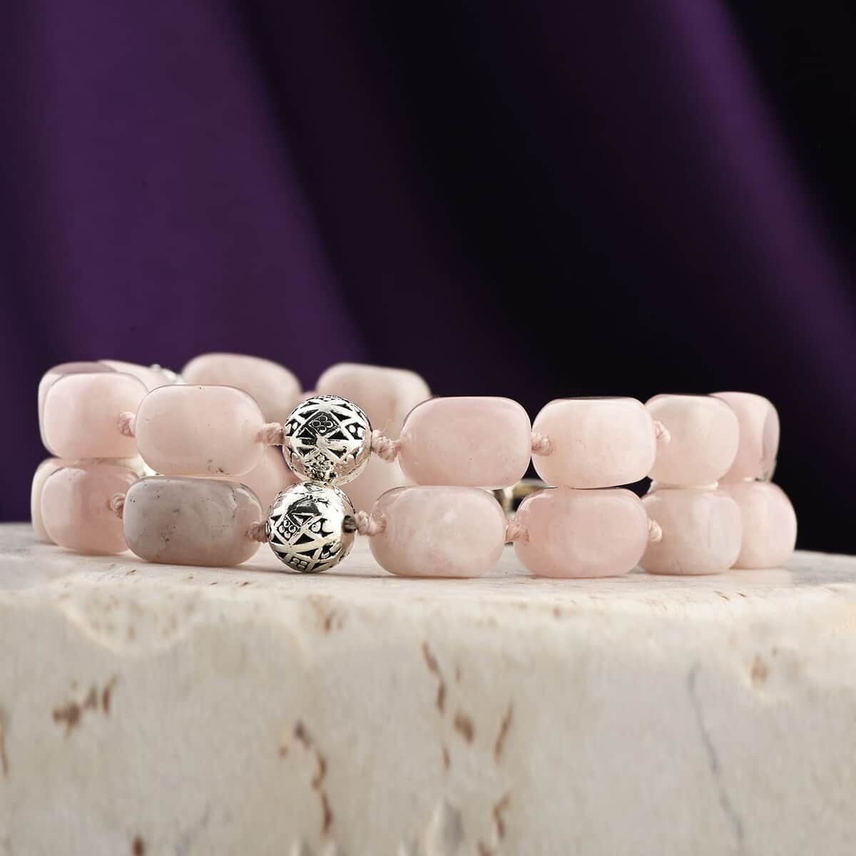 Galilea Rose Quartz 2 Row Beaded Bracelet in Silvertone (7.0-9.0In) 188.00 ctw image number 1