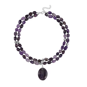 Bi-color Amethyst Two Row Beaded Necklace 20 Inches with Matching Pendant in Silvertone 745.00 ctw