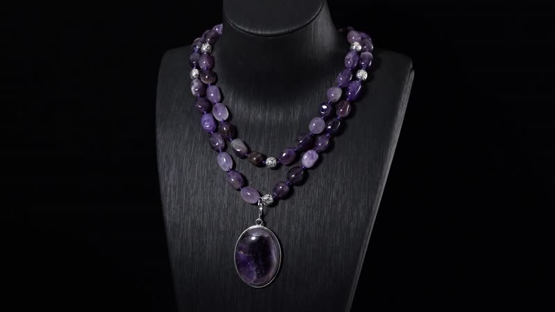 Bi-color Amethyst Two Row Beaded Necklace 20 Inches with Matching Pendant in Silvertone 745.00 ctw