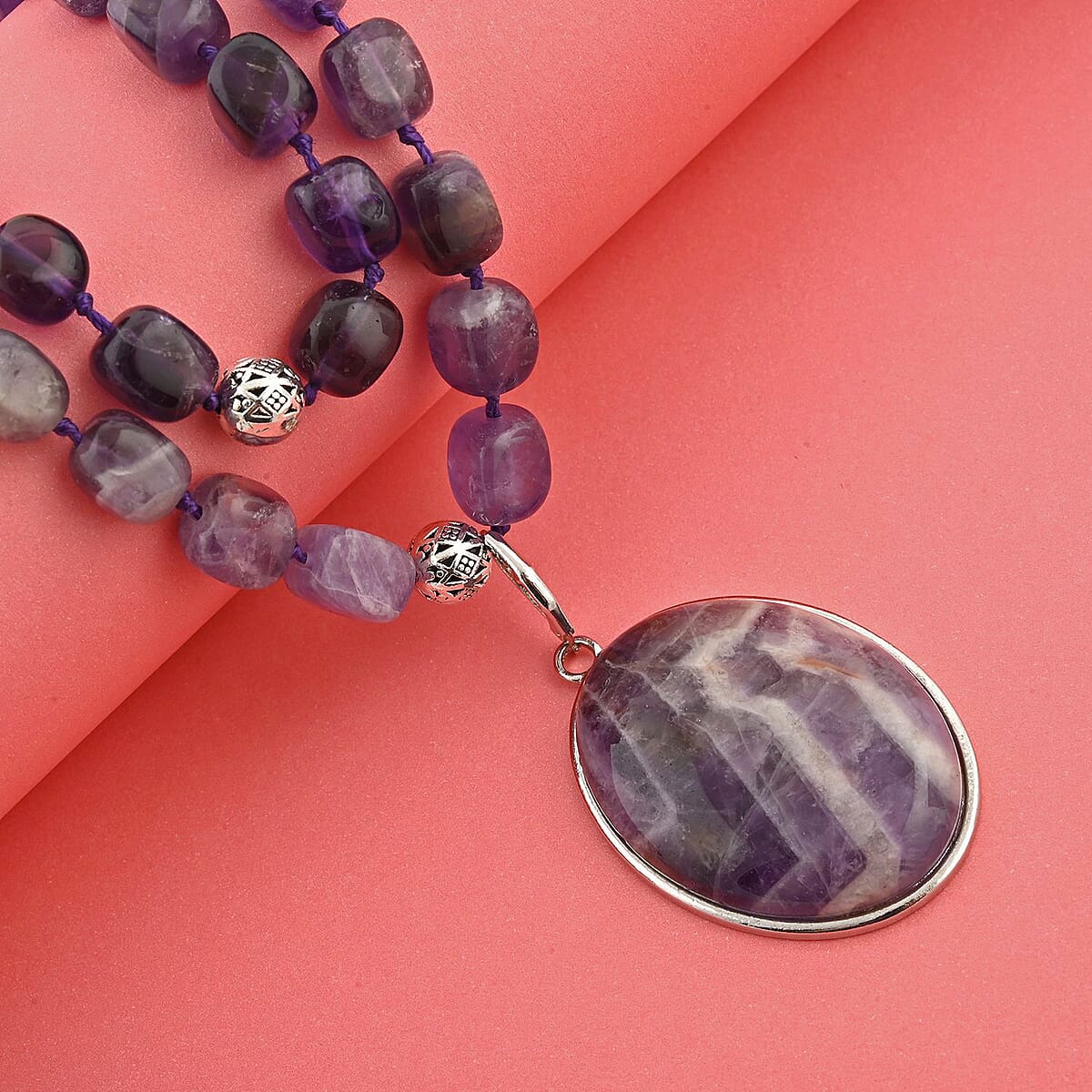 Bi-color Amethyst Two Row Beaded Necklace 20 Inches with Matching Pendant in Silvertone 745.00 ctw image number 1