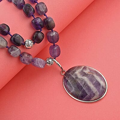 Bi-color Amethyst Two Row Beaded Necklace 20 Inches with Matching Pendant in Silvertone 745.00 ctw