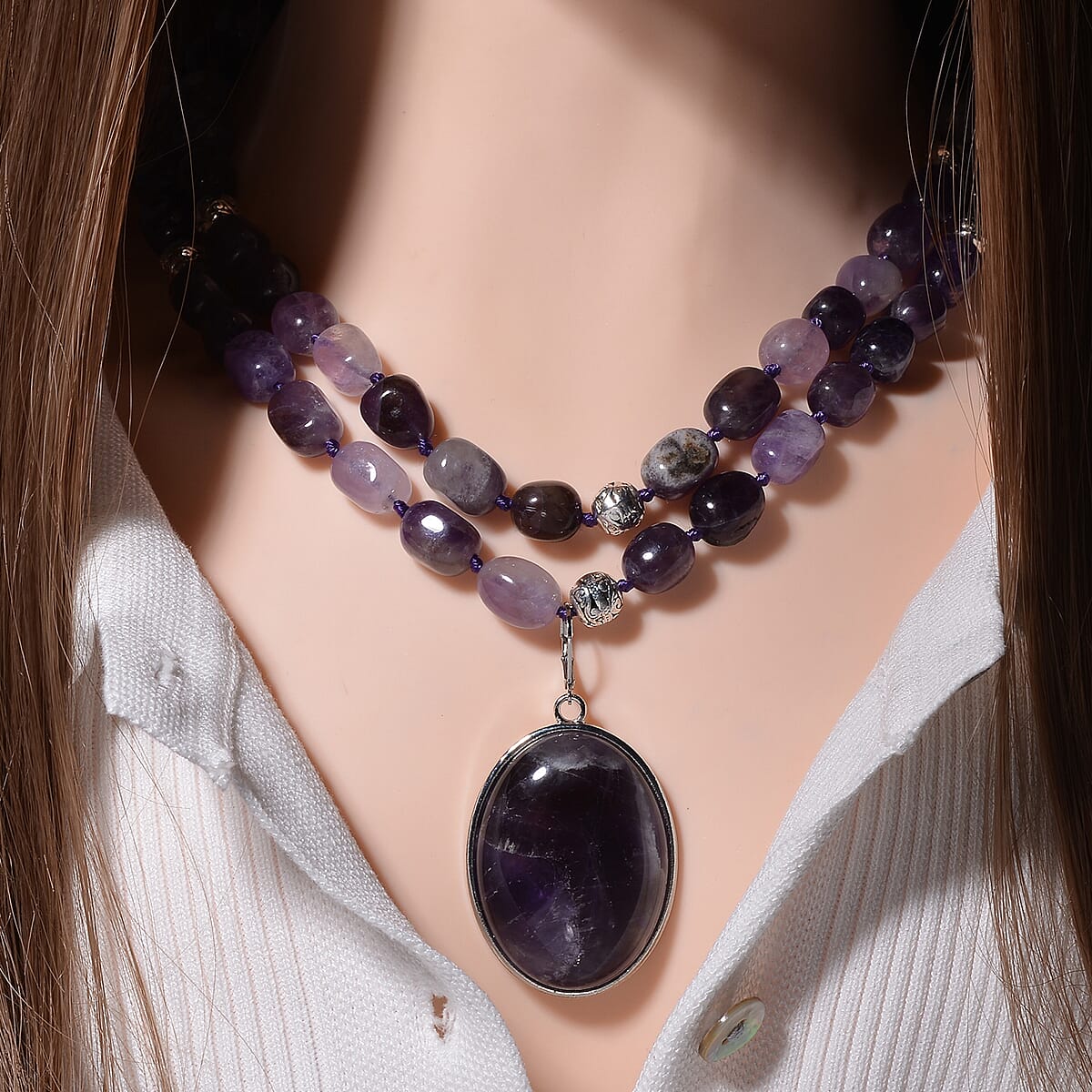Bi-color Amethyst Two Row Beaded Necklace 20 Inches with Matching Pendant in Silvertone 745.00 ctw image number 2