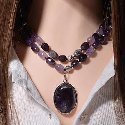 Bi-color Amethyst Two Row Beaded Necklace 20 Inches with Matching Pendant in Silvertone 745.00 ctw