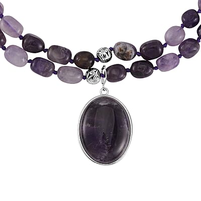 Bi-color Amethyst Two Row Beaded Necklace 20 Inches with Matching Pendant in Silvertone 745.00 ctw