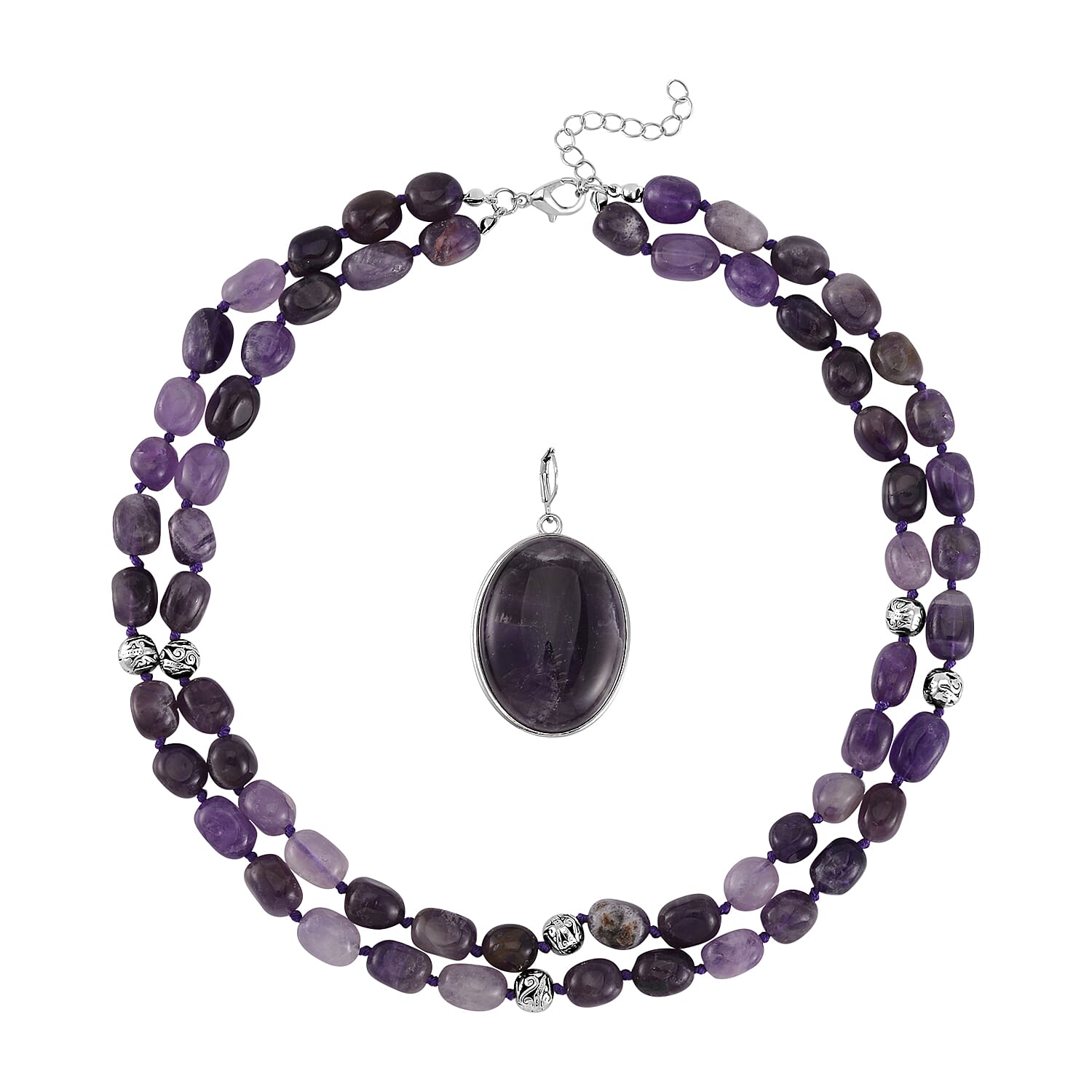 Bi-color Amethyst Two Row Beaded Necklace 20 Inches with Matching Pendant in Silvertone 745.00 ctw