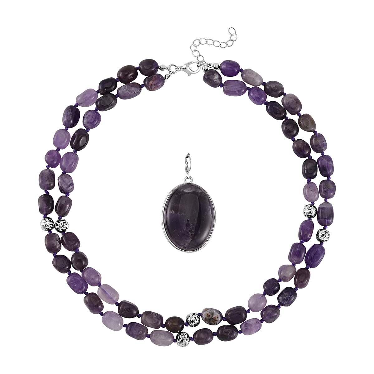 Bi-color Amethyst Two Row Beaded Necklace 20 Inches with Matching Pendant in Silvertone 745.00 ctw image number 4