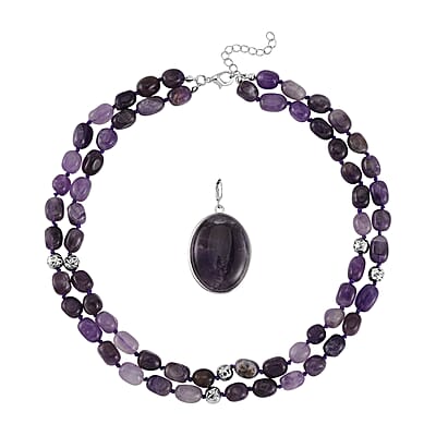 Bi-color Amethyst Two Row Beaded Necklace 20 Inches with Matching Pendant in Silvertone 745.00 ctw