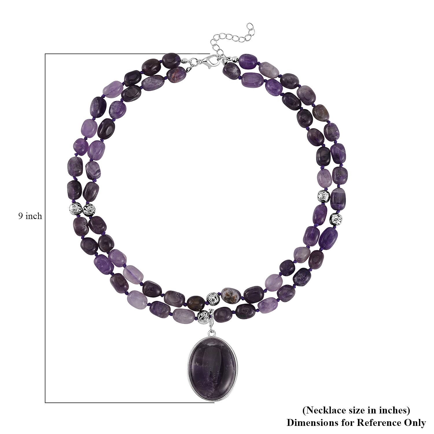 Bi-color Amethyst Two Row Beaded Necklace 20 Inches with Matching Pendant in Silvertone 745.00 ctw