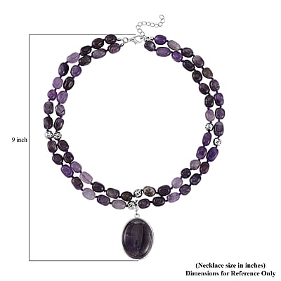 Bi-color Amethyst Two Row Beaded Necklace 20 Inches with Matching Pendant in Silvertone 745.00 ctw