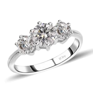 D'Joy Moissanite (Rnd 6.5mm) 3 Stone Ring in Platinum Over Sterling Silver (Size 10.0) 1.75 ctw
