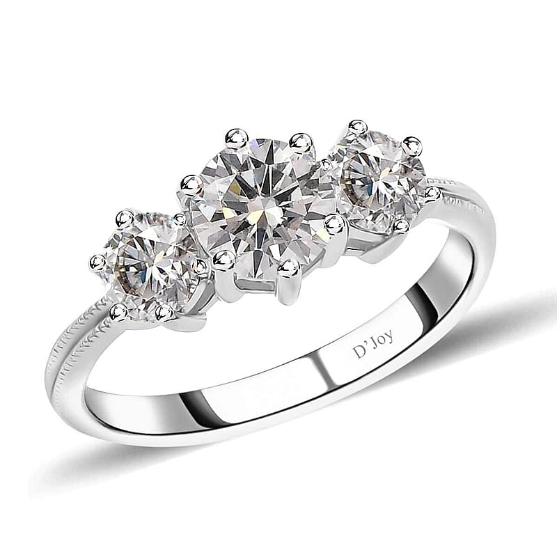 D'Joy Moissanite (Rnd 6.5mm) 3 Stone Ring in Platinum Over Sterling Silver (Size 10.0) 1.75 ctw
