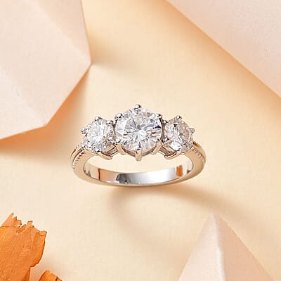 D'Joy Moissanite (Rnd 6.5mm) 3 Stone Ring in Platinum Over Sterling Silver (Size 10.0) 1.75 ctw
