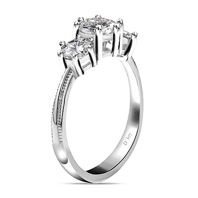 D'Joy Moissanite (Rnd 6.5mm) 3 Stone Ring in Platinum Over Sterling Silver (Size 10.0) 1.75 ctw