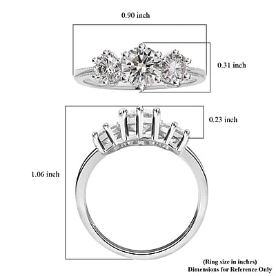 D'Joy Moissanite (Rnd 6.5mm) 3 Stone Ring in Platinum Over Sterling Silver (Size 10.0) 1.75 ctw