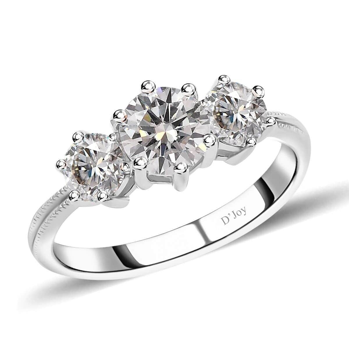 D'Joy Moissanite (Rnd 6.5mm) 3 Stone Ring in Platinum Over Sterling Silver (Size 5.0) 1.75 ctw image number 0