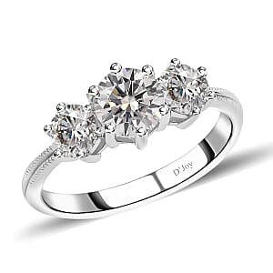 D'Joy Moissanite 1.75 ctw 3 Stone Ring in Platinum Over Sterling Silver (Size 5.0)