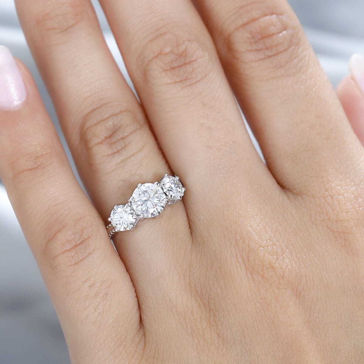 D'Joy Moissanite (Rnd 6.5mm) 3 Stone Ring in Platinum Over Sterling Silver (Size 5.0) 1.75 ctw image number 2