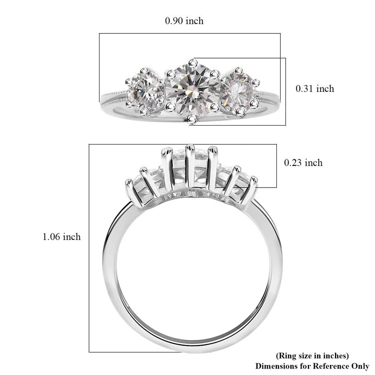 D'Joy Moissanite (Rnd 6.5mm) 3 Stone Ring in Platinum Over Sterling Silver (Size 5.0) 1.75 ctw image number 5