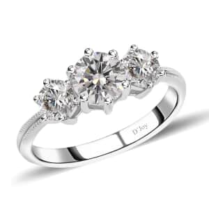 Moissanite 1.75 ctw 3 Stone Ring in Platinum Over Sterling Silver (Size 7.0)