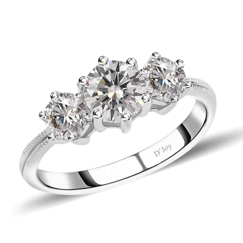 D'Joy Moissanite 1.75 ctw 3 Stone Ring in Platinum Over Sterling Silver (Size 9.0)