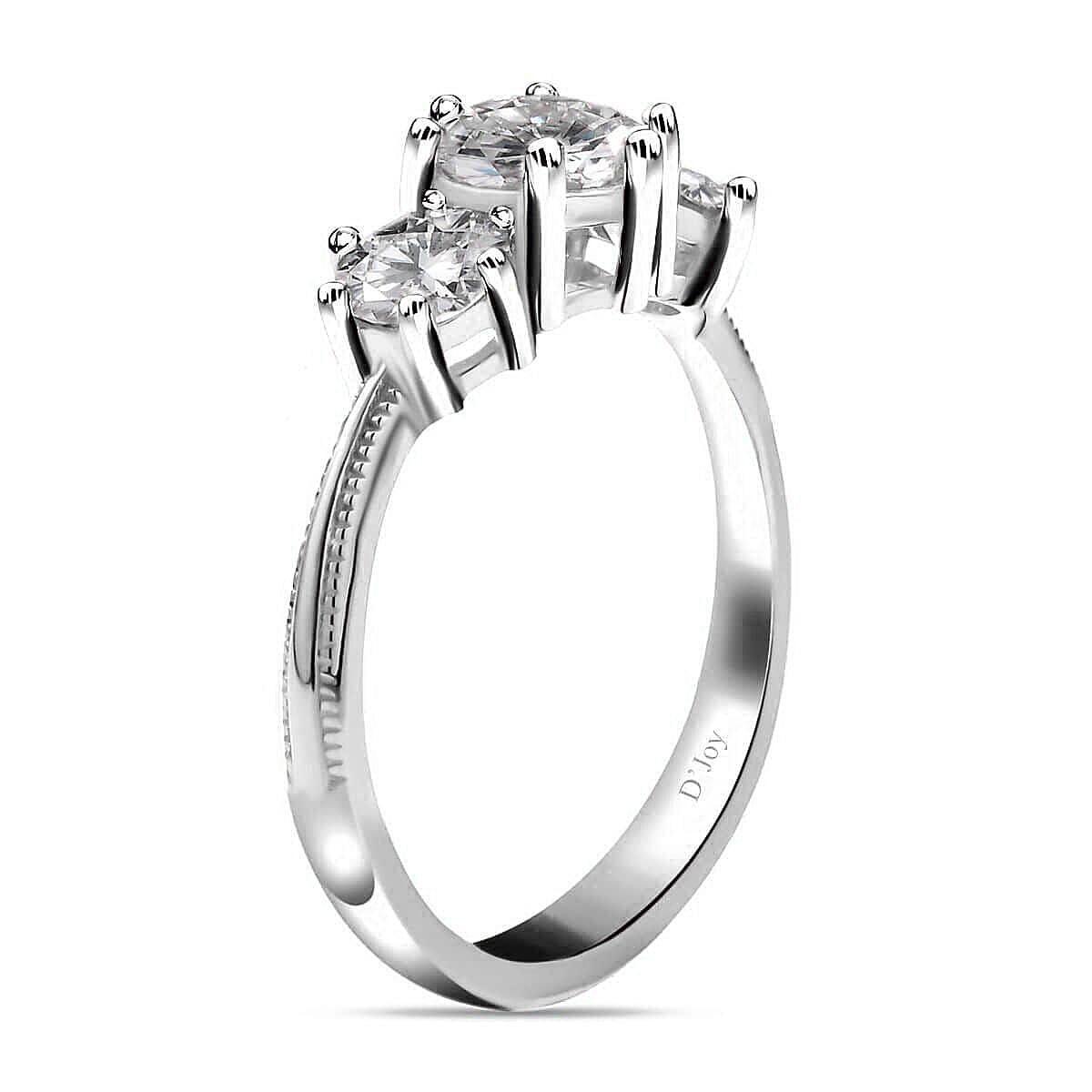 D'Joy Moissanite 1.75 ctw 3 Stone Ring in Platinum Over Sterling Silver (Size 9.0)