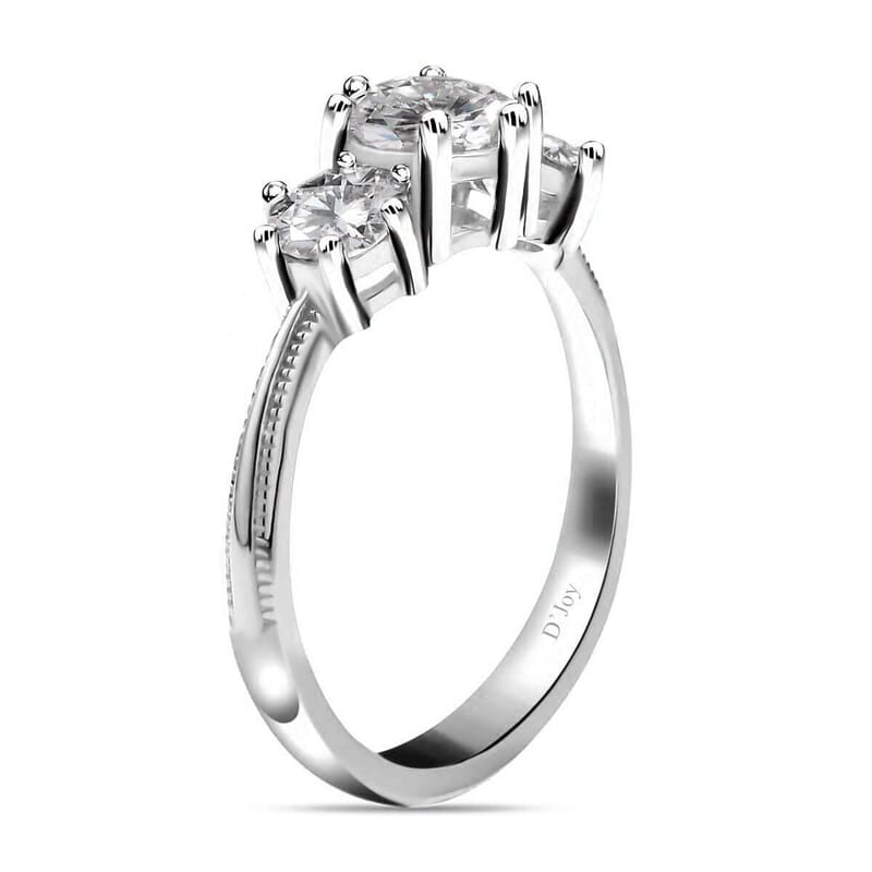 D'Joy Moissanite 1.75 ctw 3 Stone Ring in Platinum Over Sterling Silver (Size 9.0)