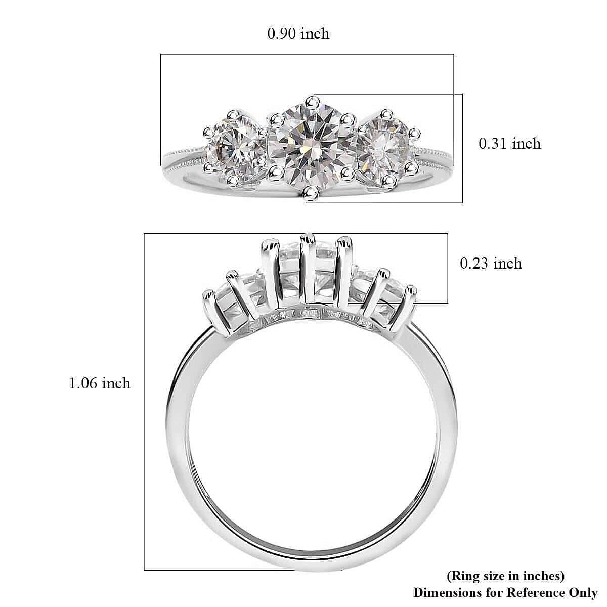D'Joy Moissanite 1.75 ctw 3 Stone Ring in Platinum Over Sterling Silver (Size 9.0)
