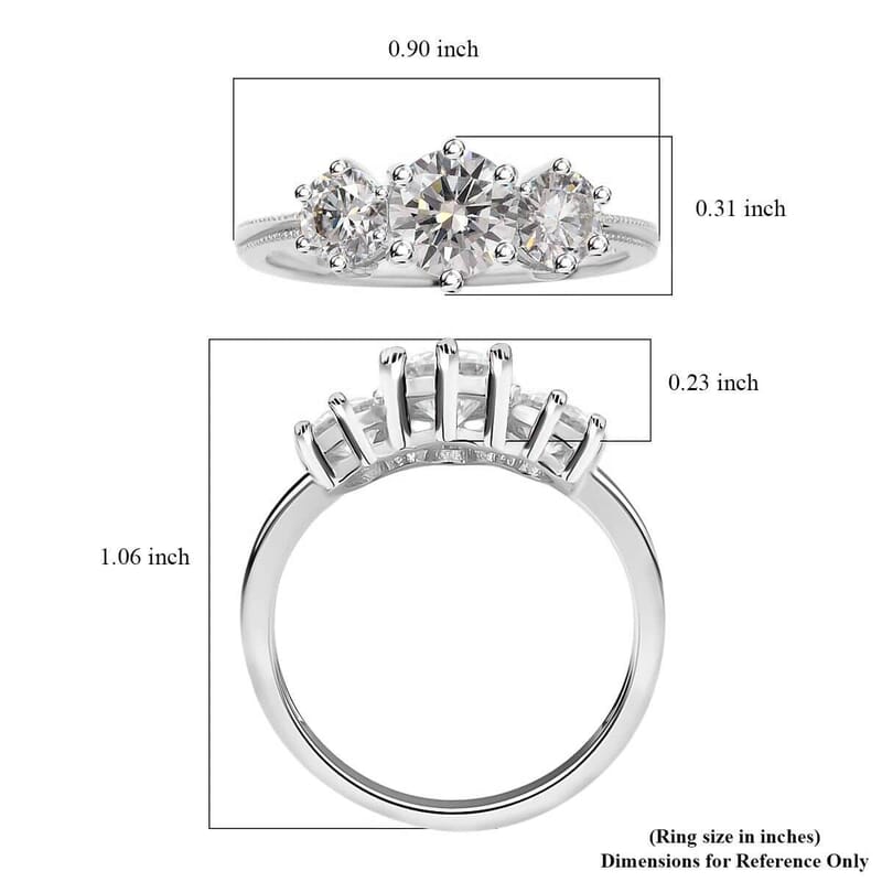 D'Joy Moissanite 1.75 ctw 3 Stone Ring in Platinum Over Sterling Silver (Size 9.0)