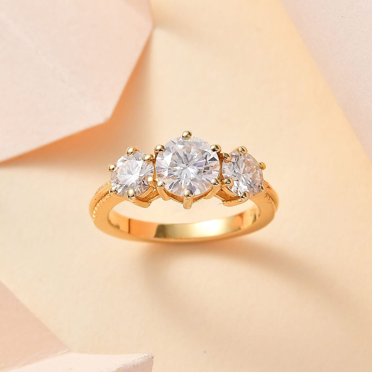 D'Joy Moissanite 3 Stone Ring in Vermeil Yellow Gold Over Sterling Silver (Size 10.0) 1.75 ctw image number 1