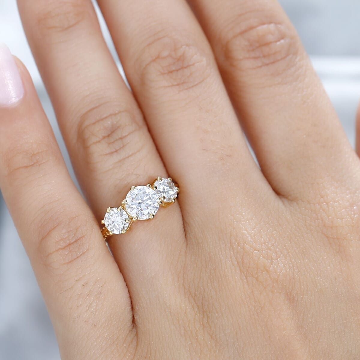 D'Joy Moissanite 3 Stone Ring in Vermeil Yellow Gold Over Sterling Silver (Size 10.0) 1.75 ctw image number 2