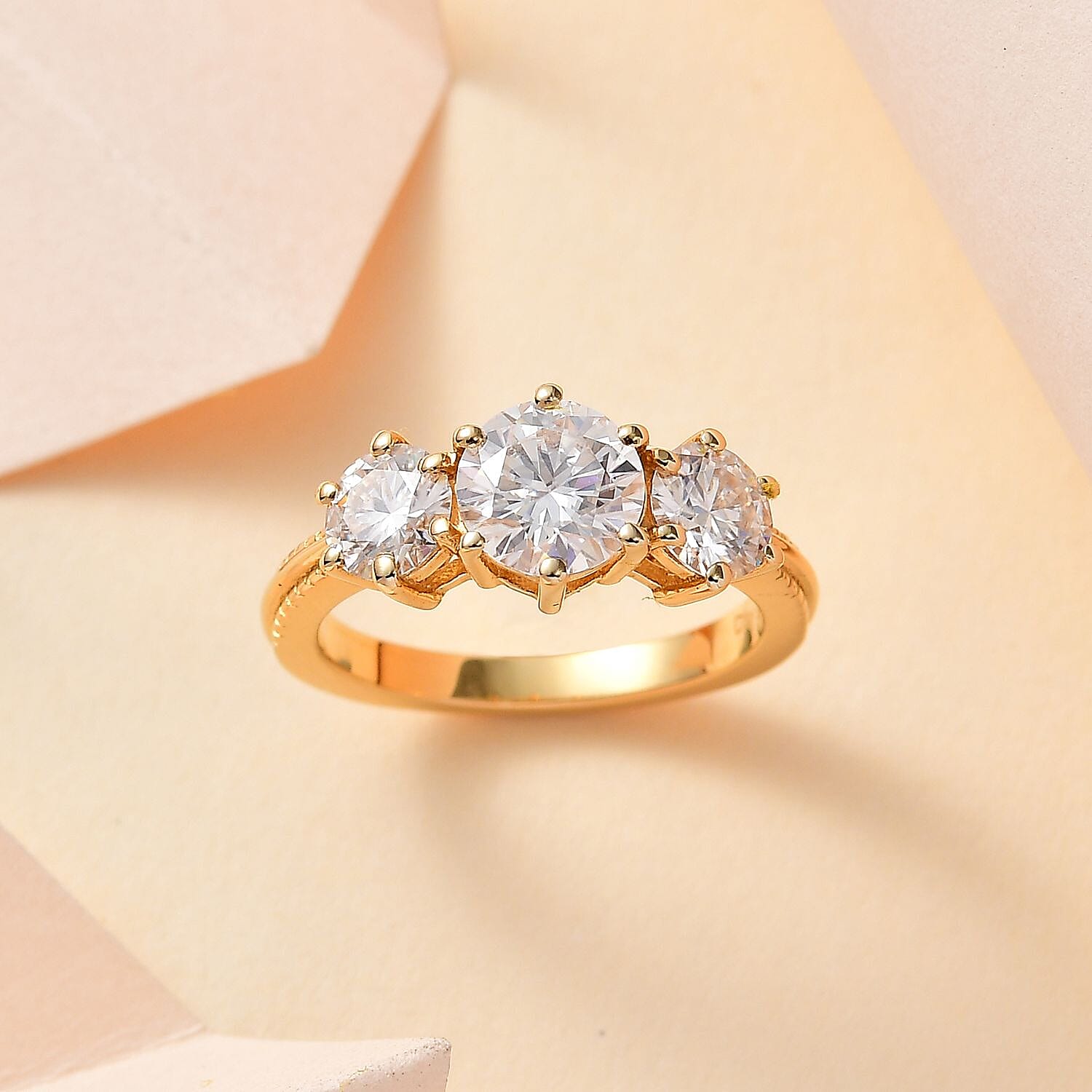 D'Joy Moissanite 1.75 ctw 3 Stone Ring in Vermeil Yellow Gold Over Sterling Silver (Size 5.0) 