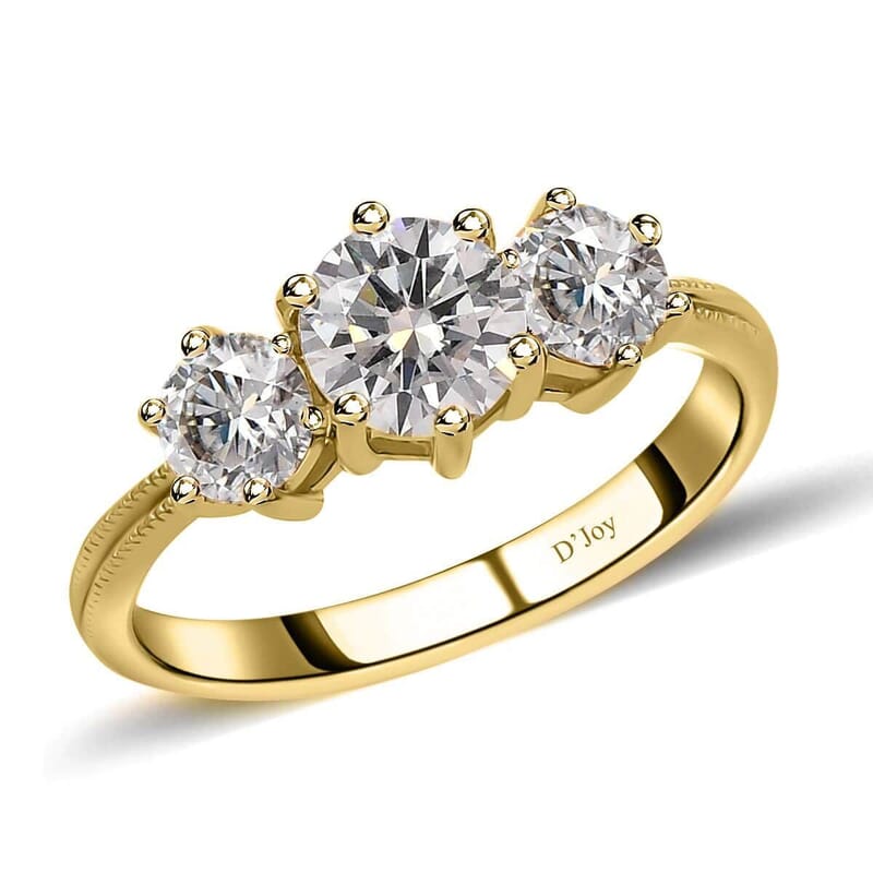 D'Joy Moissanite 1.75 ctw 3 Stone Ring in Vermeil Yellow Gold Over Sterling Silver (Size 6.0) 